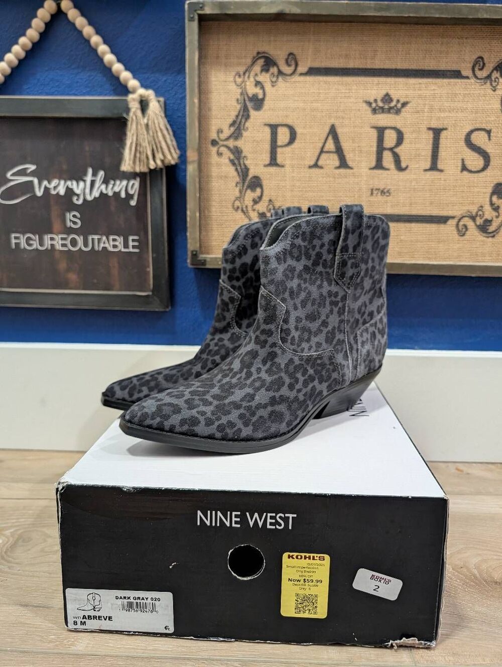 Nine West Abreve Size 8 Dark Gray Leopard Cheetah Suede Western Ankle Boots NIB